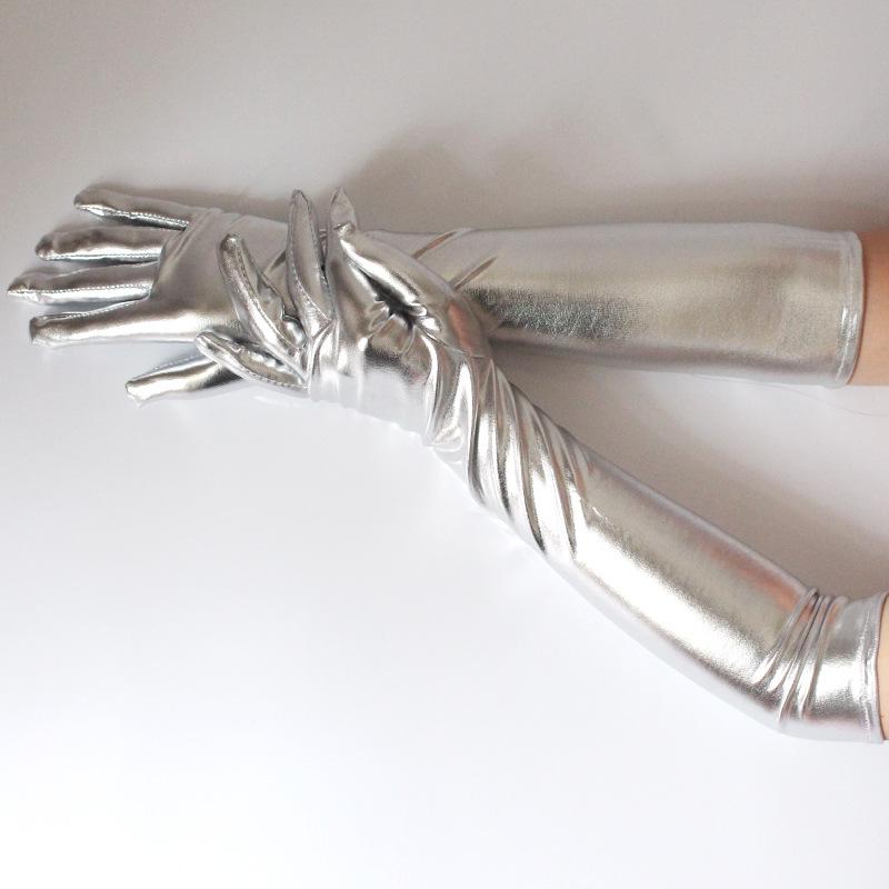 Shiny Gold and Silver Patent Leather Long Gloves for Stage Performance