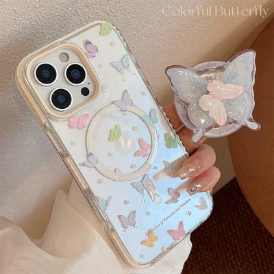 Fresh Colorful Butterfly 16promax Transparent IPhone 15 Mobile Phone Case Suitable for 13 Rotating Magnetic Bracket