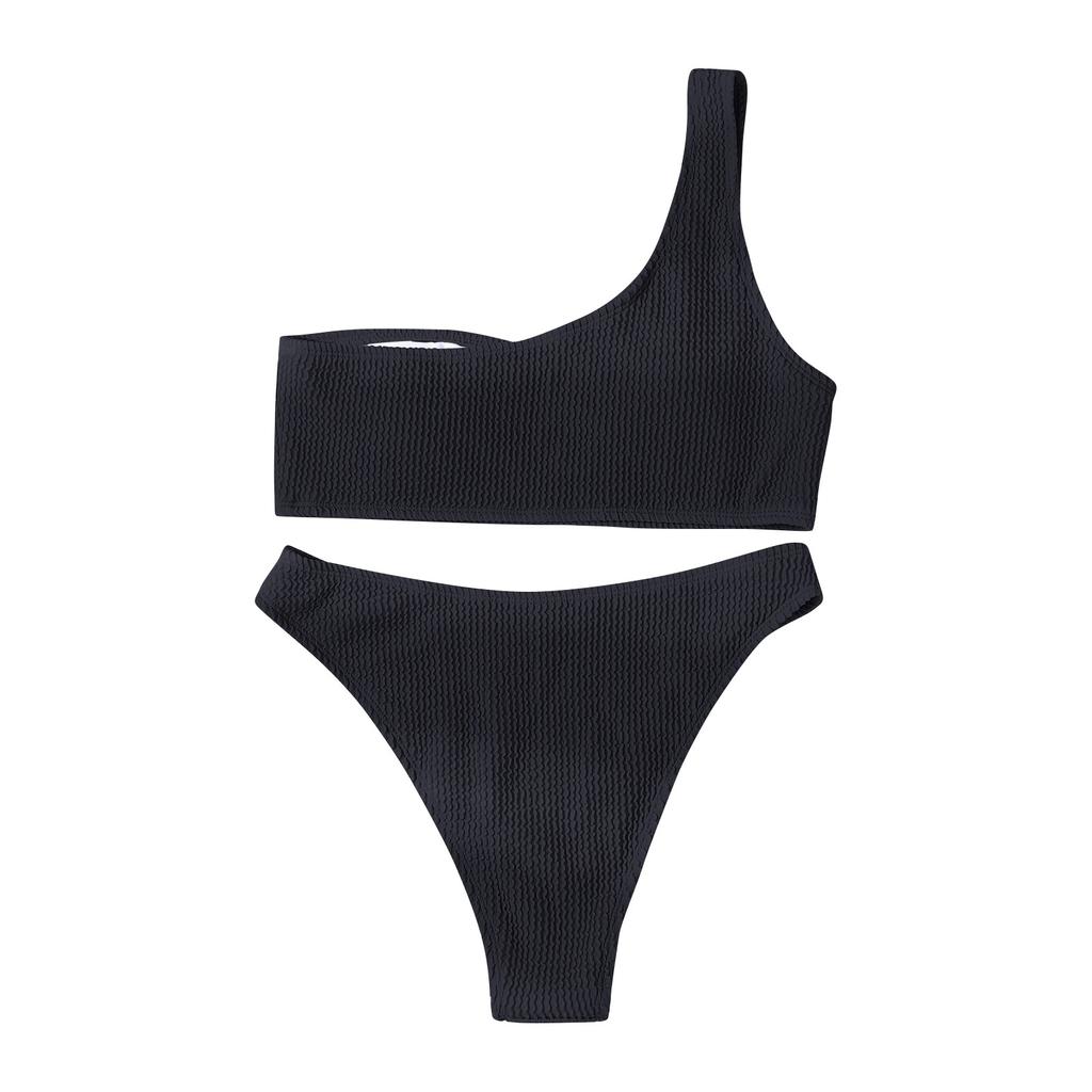 Women's One Shoulder Ribbed Bikini Set Two Piece Swimsuit High Cut Bottoms Textured Fabric Swimwear for Beach Pool