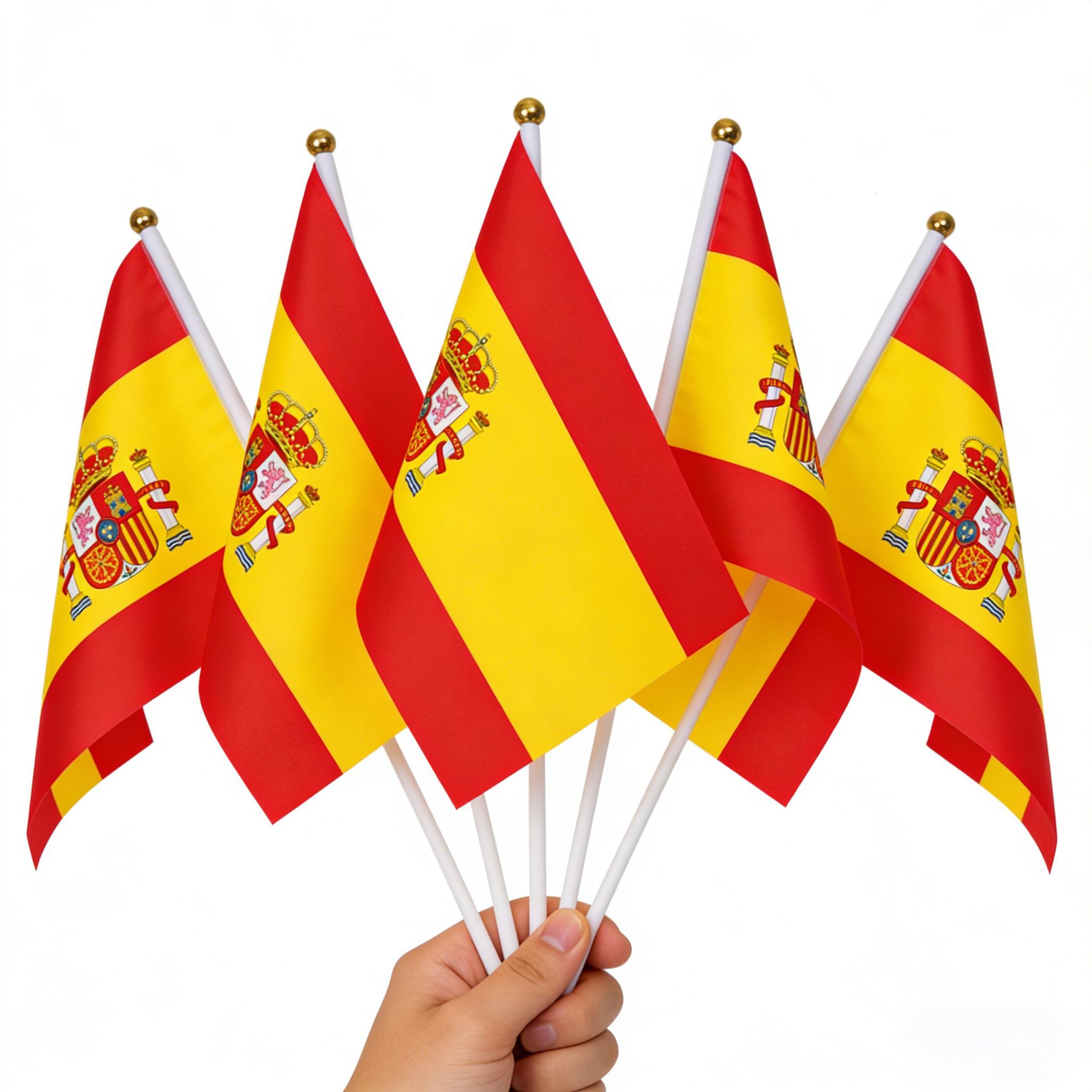

Spain Hand Held Small Flag Spanish National Flags on Stick, Mini Hand Waving Flags for World Cup Sports Events Party Decoration 5pcs