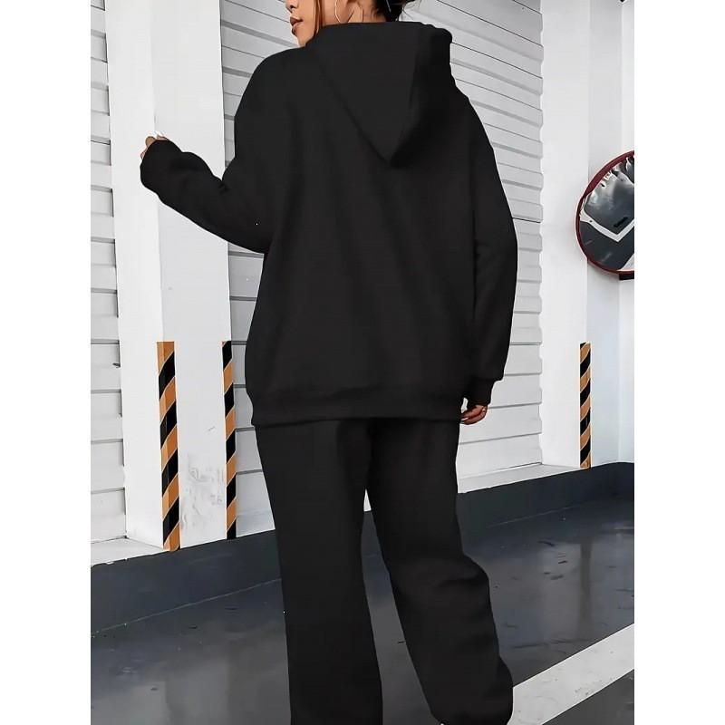 Womens Casual Hooded Sweatshirt Pants Set Winter Warm Fleece Lined Sporty Outfit Korean Style
