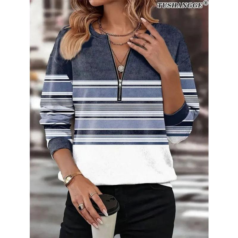 Women's elegant printed zipper long-sleeved top, stylish and versatile for autumn and winter casual and office wear, machine washable