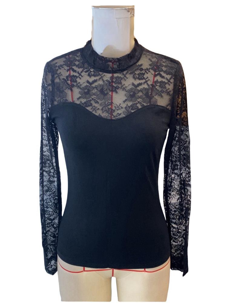 French New Elegant Lace Stitching Tops Women High Street Vinateg Long Sleeves Slim Pullover Fashion Design Stand Up Collar Casual T-shirts