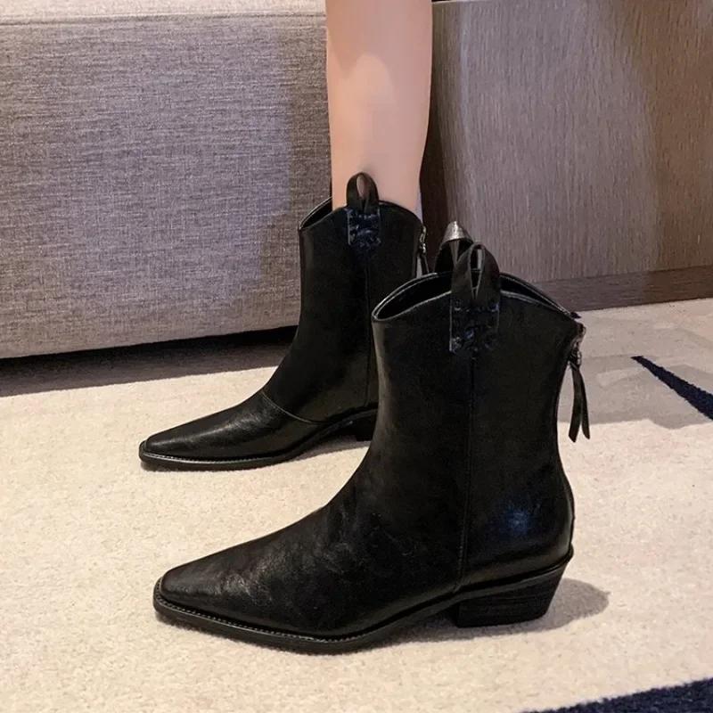 Herbst/Winter Damenstiefel aus echtem Leder, Western-Damenschuhe, spitze Zehenpartie, klobiger Absatz, Chelsea-Stiefel, Retro-Stiefeletten