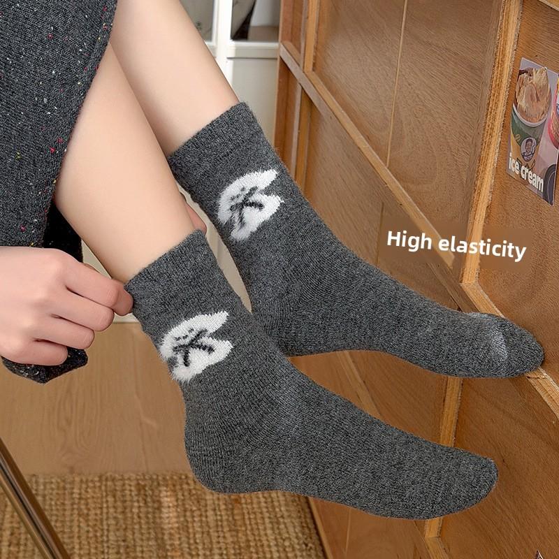 Wool Socks - Women's Warm and Thick Mid-calf Socks with Cartoon Dog and Bow Tie Design, In Gray Color, Suitable for All Occasions and Versatile.