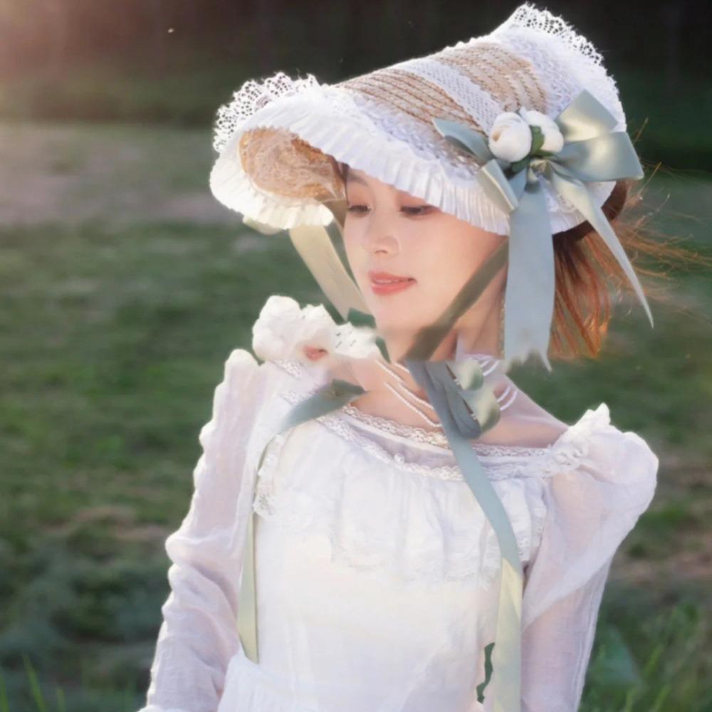 Ruffle Lace Beach Hat Flat Top Hat  for Elegant Tea Party Princess Beach Outdoor Travel
