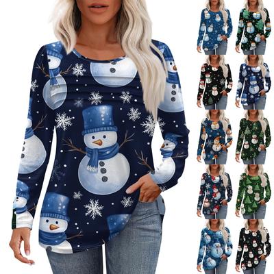 Women's Fashion Casual Christmas Printed Round Neck Pleated Long Sleeve T-Shirt Top