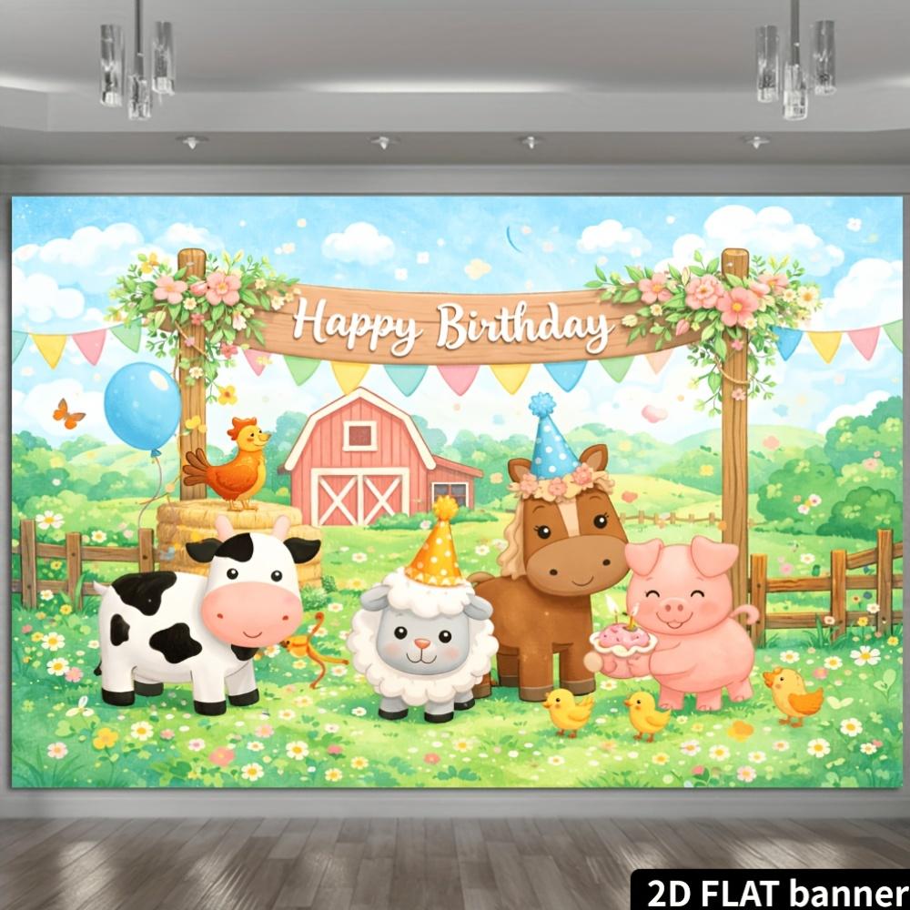 2D Flat Farm Themed Birthday Party Banner Background Cute Cartoon Farm Animal Theme Wall Decoration