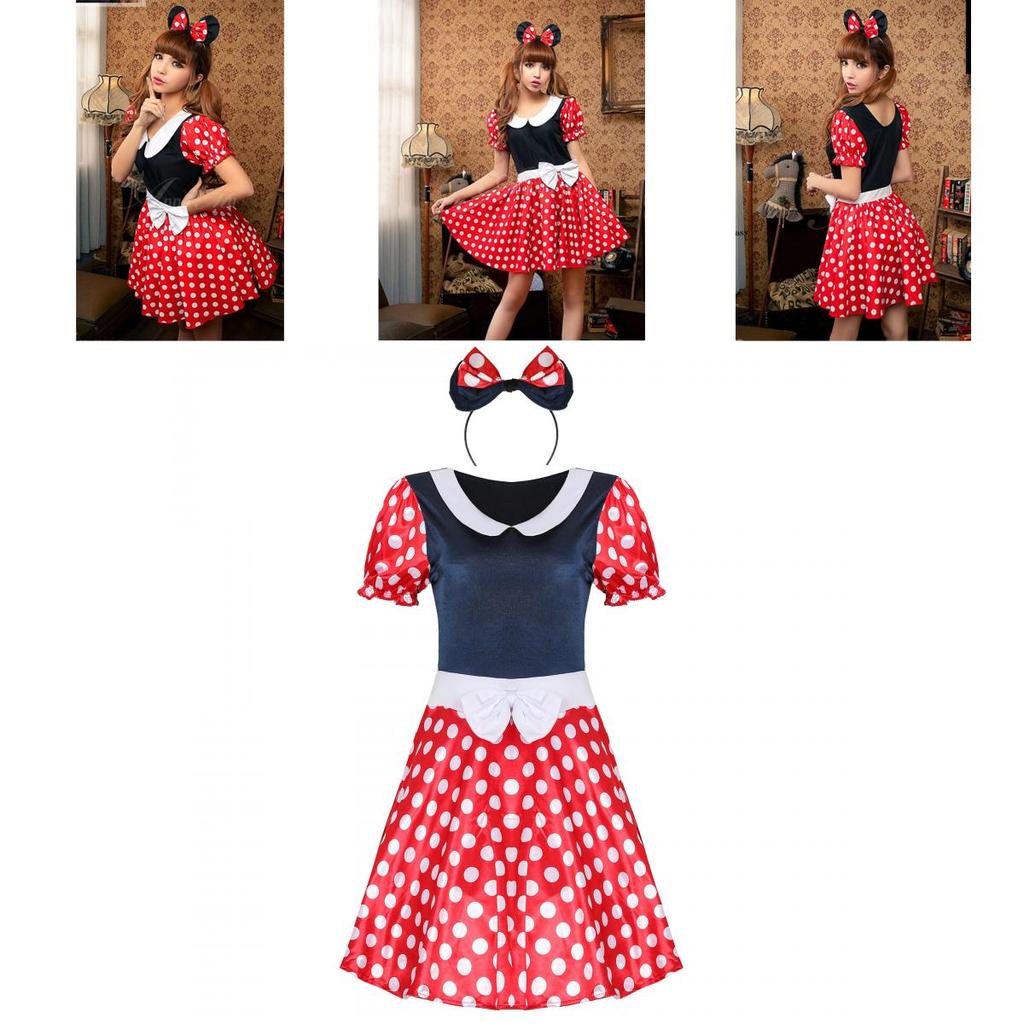 Elegant Adult Sexy Women's Cartoon Minnie Mouse Costume With Polka Dots For Halloween