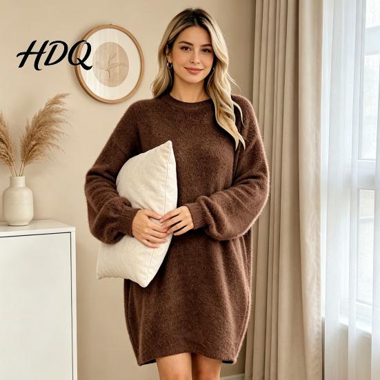 Comfortable Women Fall Outfits Mini Oversized Sweater Dress Long Sleeve Round Neck Knit Pullover Solid Color Tunic Dress Top Winter Loose