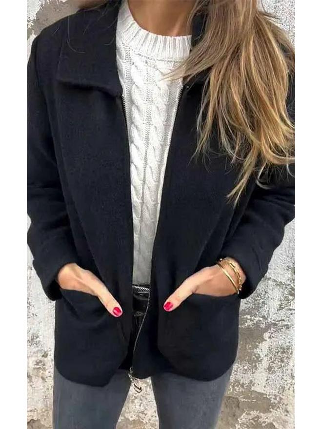 

2024 Женская осенне-зимняя куртка средней длины однотонная с отложным воротником и карманами на молнии S чёрный