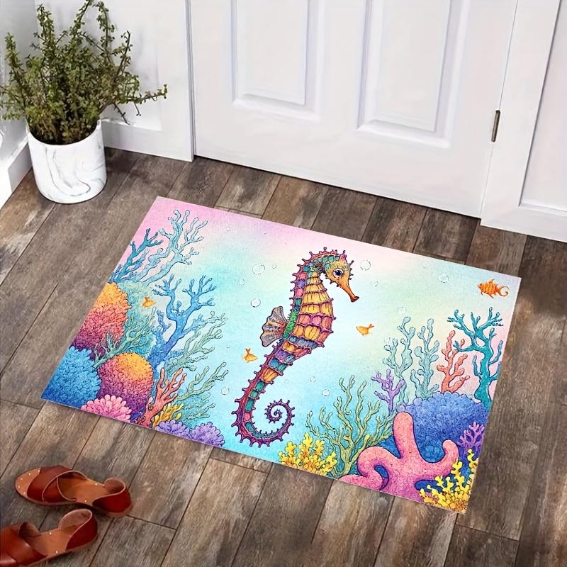 2D Flat Colorful Seahorse Coral Reef Ocean Flannel Bath Mat Non Slip Marine Life Rug For Bathroom Kids Room Floor Decor