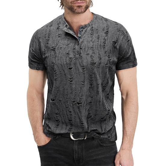 Summer Men Top Short Sleeves Round Neck Ripped Holes Buttons American Style Solid Color Shirt for Streetwear Daily Travel