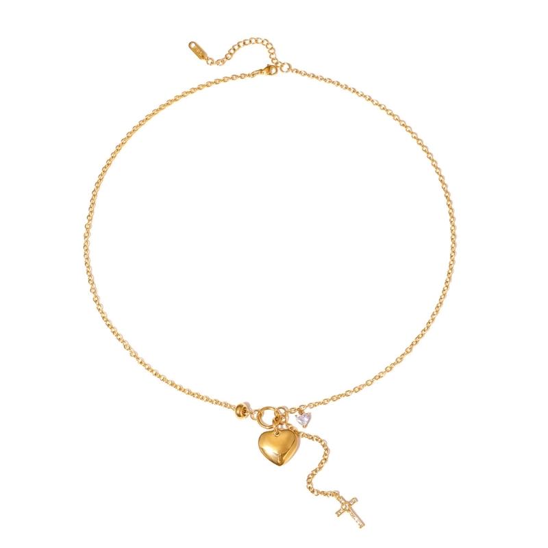

Elegant Heart And Crucifix Pendant Necklace Stainless Steel For Women Adjustable Collarbone Chain Fashion Jewelry 1