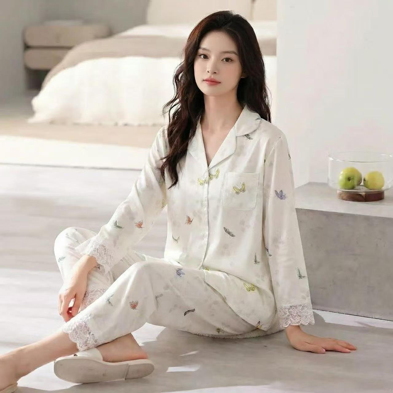 

Little Butterfly Women s Spring Color Silk Pajama Set - Long Sleeve, Long Pants, Lace Trim, Button-Up- Can Be Worn Outdoors. Medium