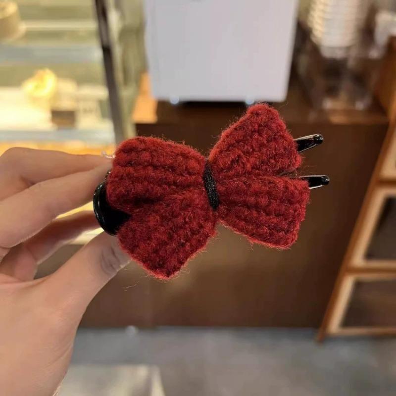 New Knitted Hairpin Female Milk Curry Sweet Casual All-match Bow Hairpin Hair Pans Hair Ball Hair Accessories