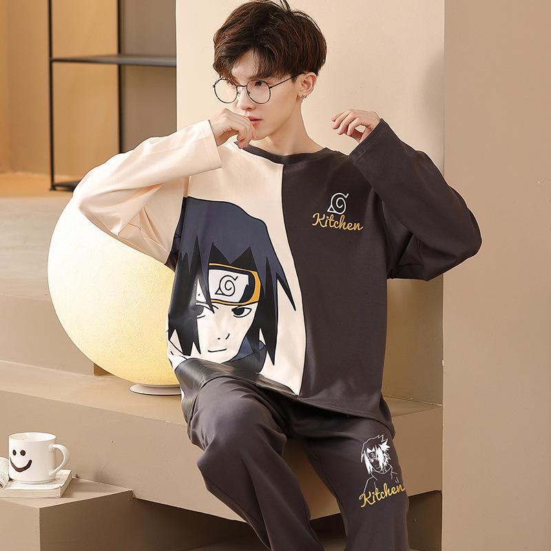 

Мужской пижамный комплект, весенняя ночная одежда с длинными рукавами, домашняя одежда для мужчин, пижамы для мальчиков, повседневная домашняя одежда 4XL чёрный/бежевый