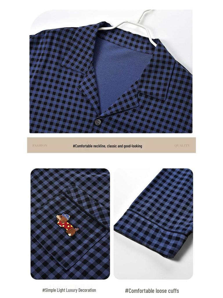 Karos Baumwoll-Pyjama-Set für Paare: Damen Langarm & Hose mit Umlegekragen