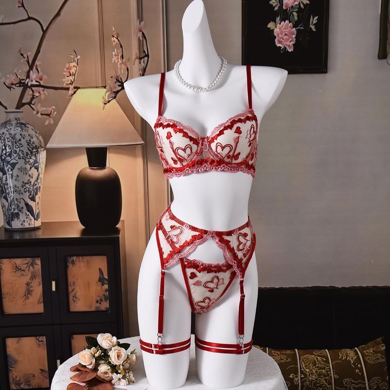 Heart-shaped Embroidery Perspective Contrasting Bra Complex Sexy Lingerie Set
