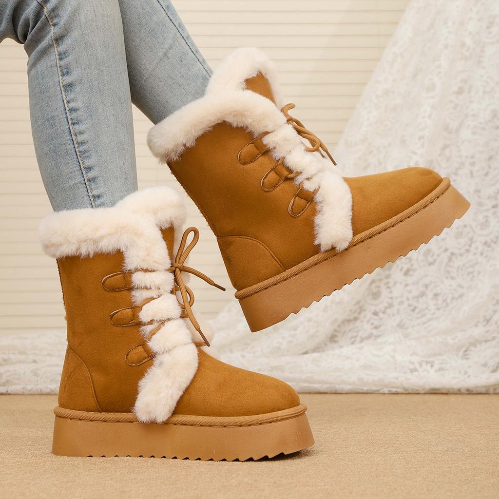 Autumn and Winter Snow Boots, Piled, Thickened Thick Soles To Increase the Height of the Fur, Integrated Cotton Shoes, Fluffy Warm Boots