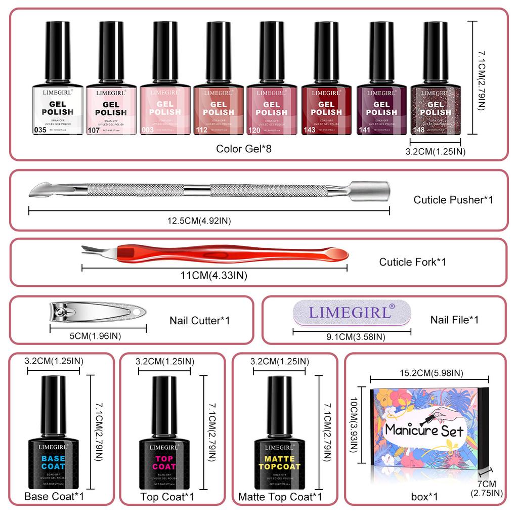 LIMEGIRL 8 Colors UV Gel Nail Polish Set, Long-Lasting Shine, Quick Dry, Soak Off LED Gel Nail Kit
