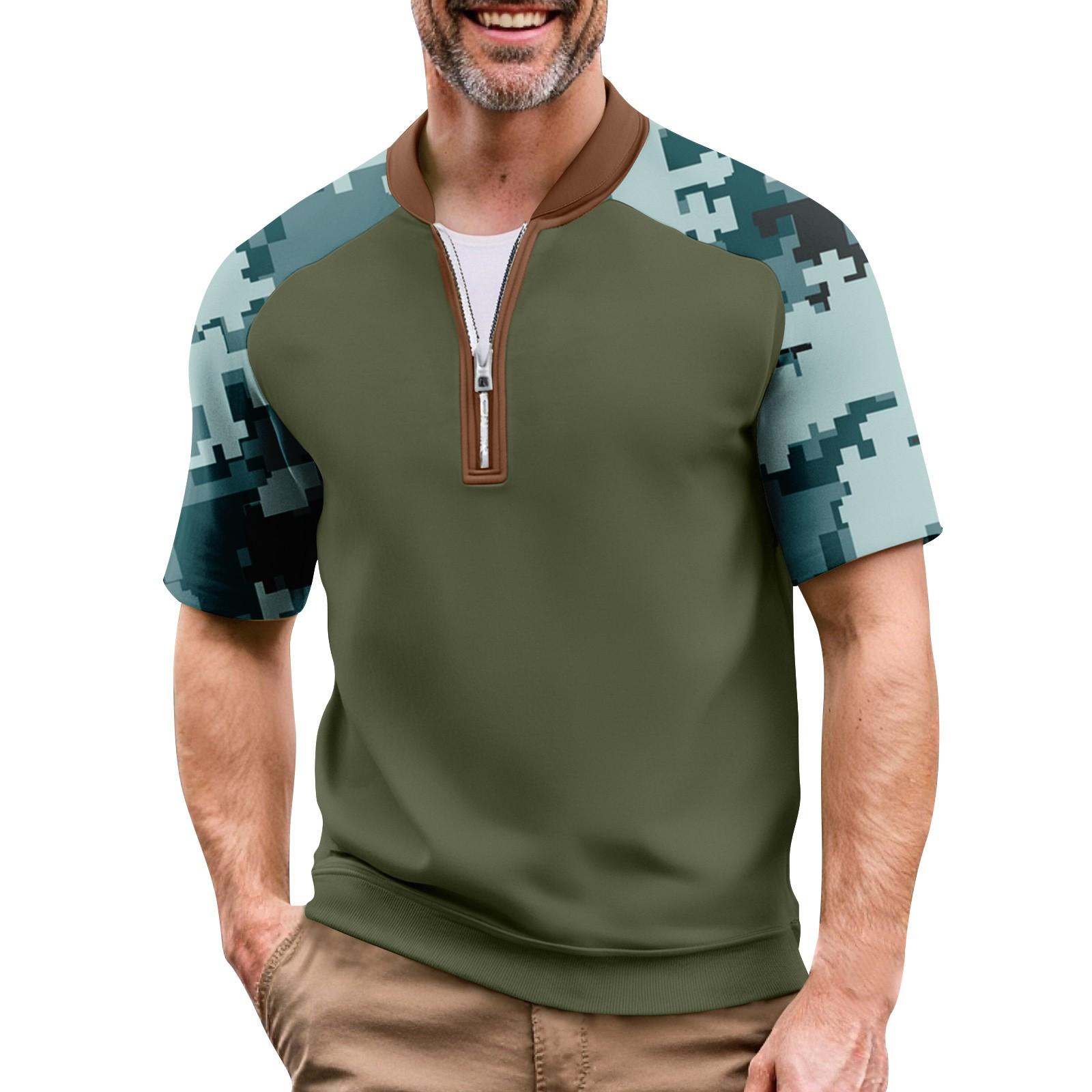 

Мужская летняя футболка камуфляжной расцветки в стиле кэжуал, спортивный дышащий топ с воротником на молнии XXL зелёный