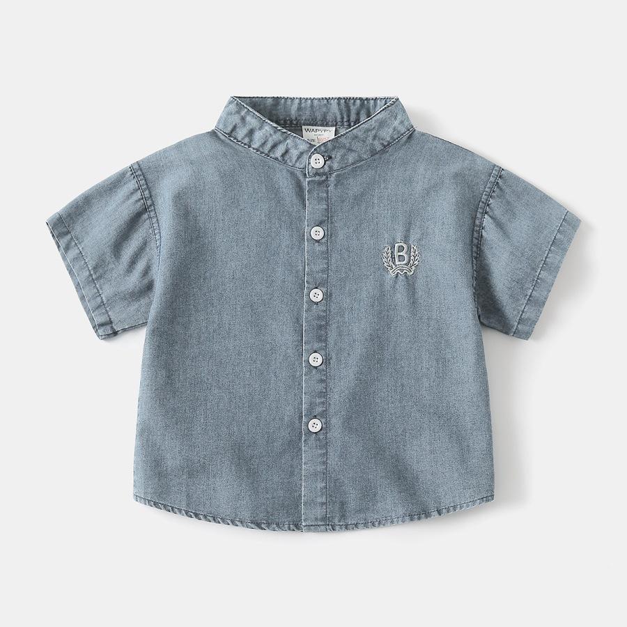 

Children s short-sleeved shirt 2026 summer new boys embroidered letter shirt baby denim shirt thin V-neck 90cm светло-синий