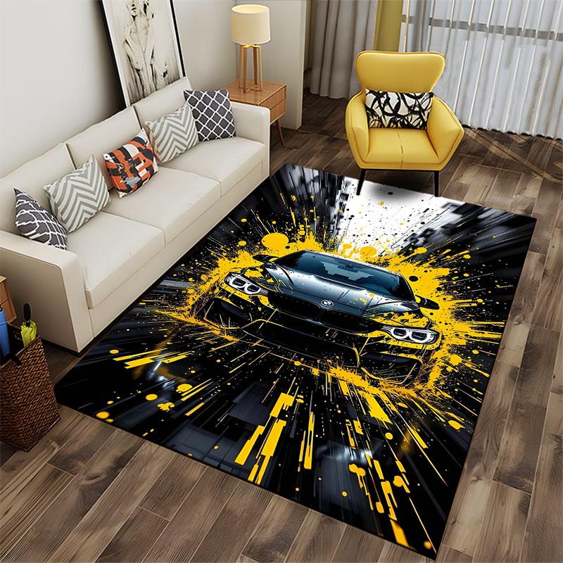 Black Sports Car with Yellow Splash suitable as a non-slip mat for the living room or bedroom sofa
