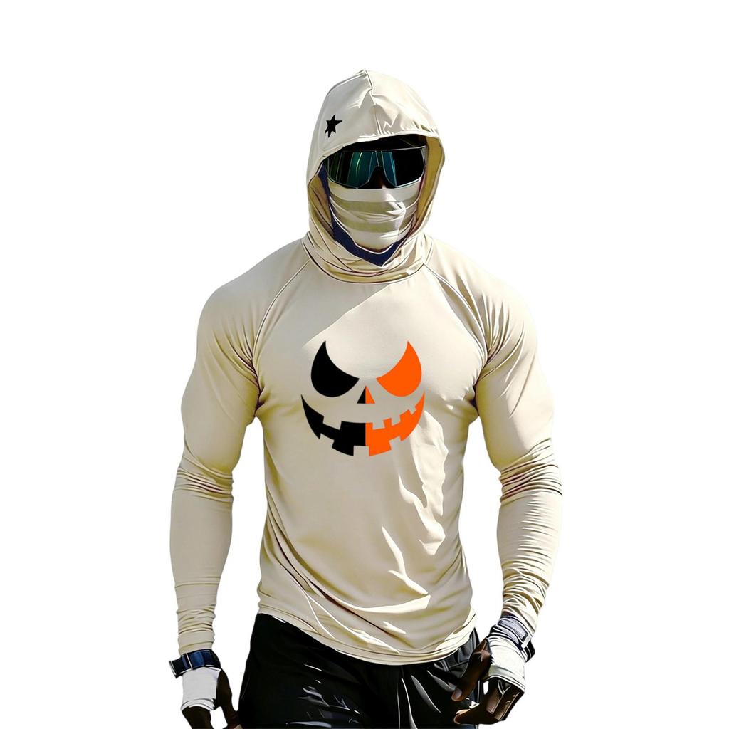 Men's Long Sleeve Hooded Sun Top with Color Block Raglan Sleeves Halloween Print