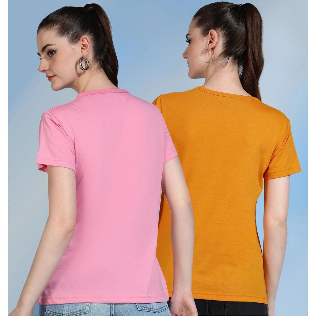 Indian Cotton Blend Women T-Shirt Short Sleeve Casual Round Neck Top Pack Of 2
