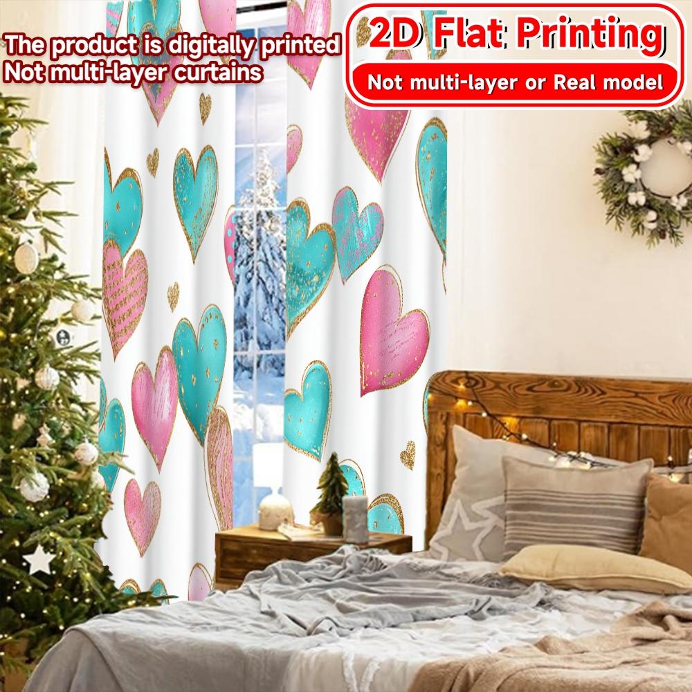 2D Flat Printing,2pcs Heart Delight Light Filtering Modern Curtains Polyester Easy Install Curtains Thermal Insulation, and Room