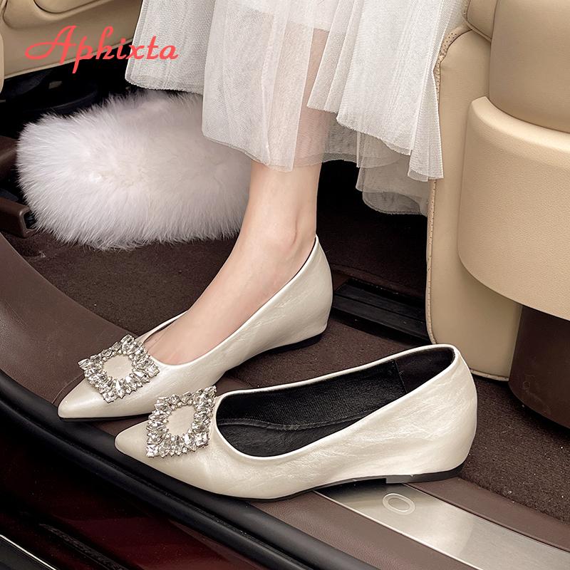 Fashion Aphixta Soft Leather Women Loafers Crystal Buckle Flats Slip On Casual Shoes Gold Loafers 5cm Height Increasing Woman Shoes
