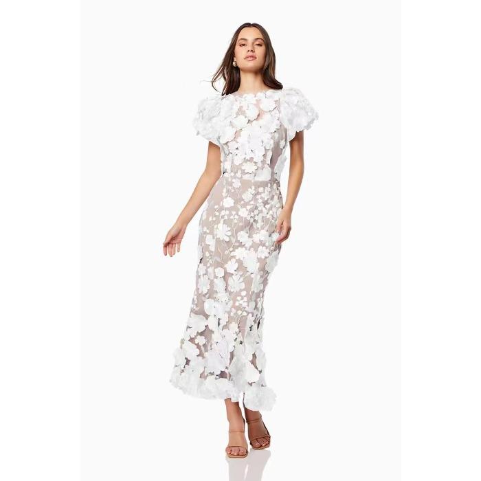 Весна новая легкая роскошь круглый вырез вышивка трехмерный цветок рукава-пузыри средняя и длинная платье юбка-карандаш S белый