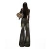 Autumn new American retro low waist double buckle washed old and thin wide leg denim floor pants women