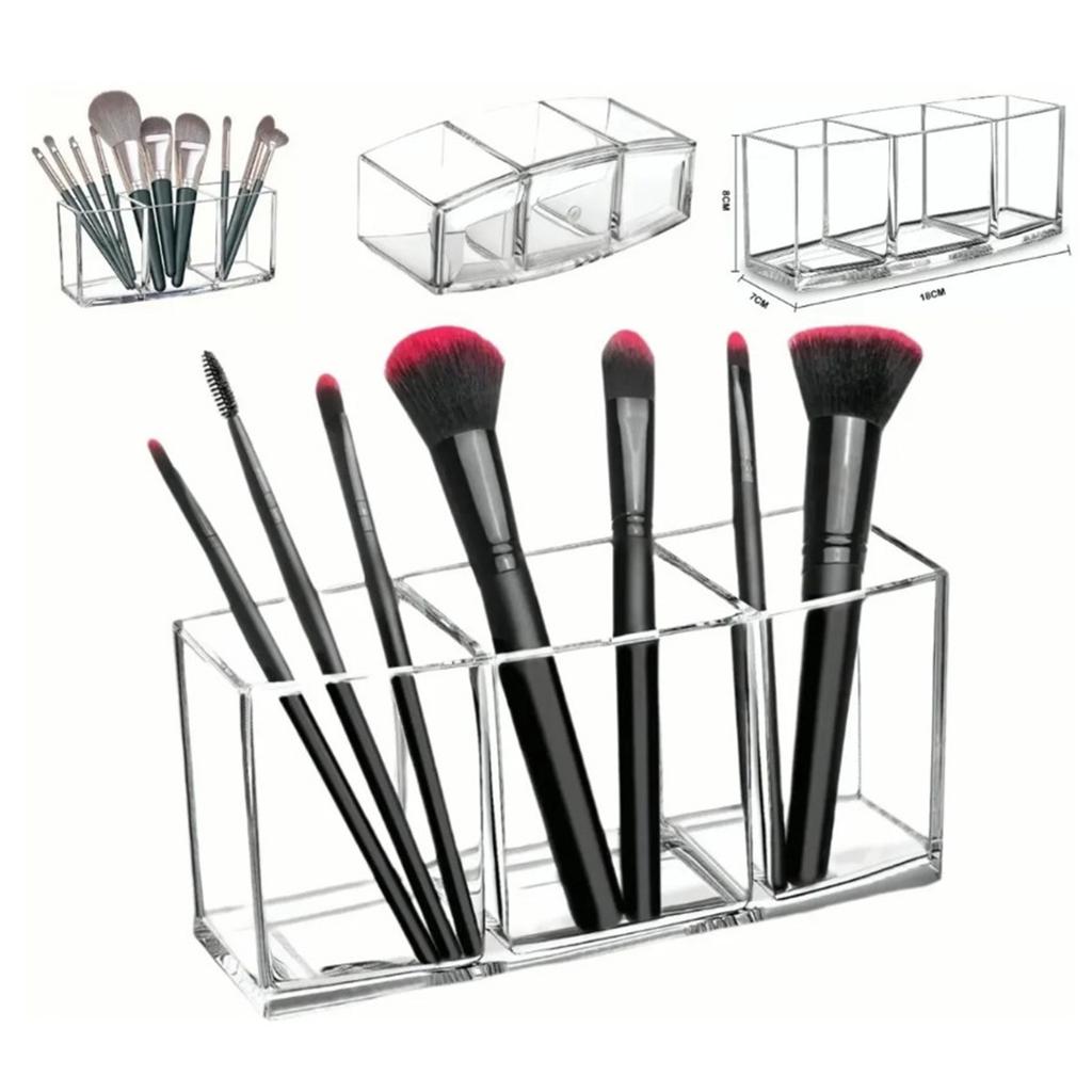 Clear Makeup Brush Holder Fashionable Simple 3 Grid Eyebrow Pen Container for Office Desk