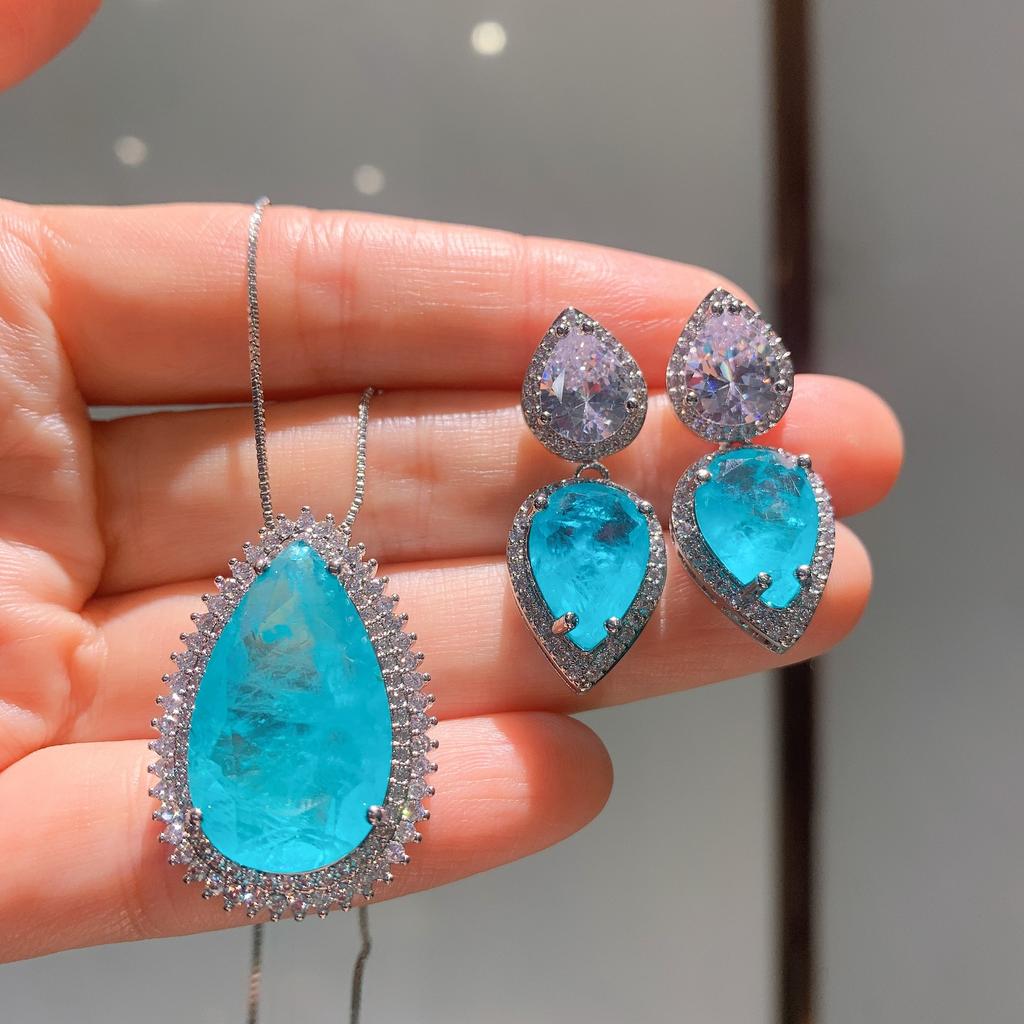Jewelry Sky Blue Simulation Paraiba Large Water Drop Jewelry Set Stud Earrings 10 * 14 Pendant 15 * 25