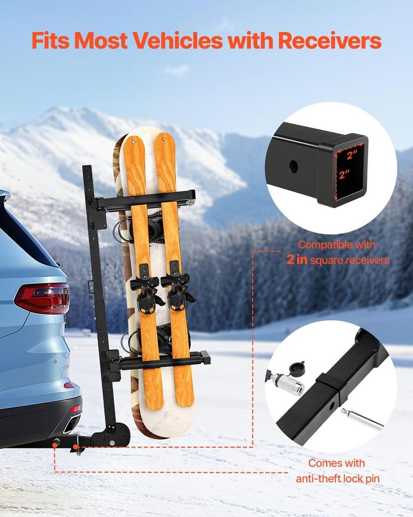 Klappbarer Ski- und Snowboardträger für die Anhängerkupplung, Passend für 50 mm Receiver, Trägt bis zu 6 Paar Ski oder 4 Snowboards, Verstellbarer, an der Anhängerkupplung montierbarer Träger für das Auto
