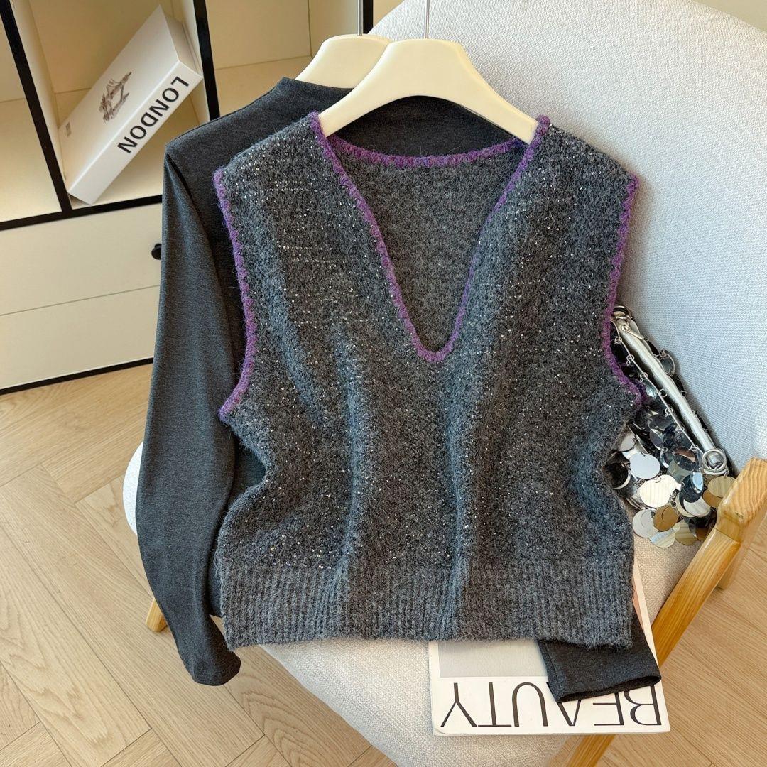 

French Style Layered Knit Vest & Long Sleeve Base Layer Set - 2025 Autumn/Winter Gray Base Layer