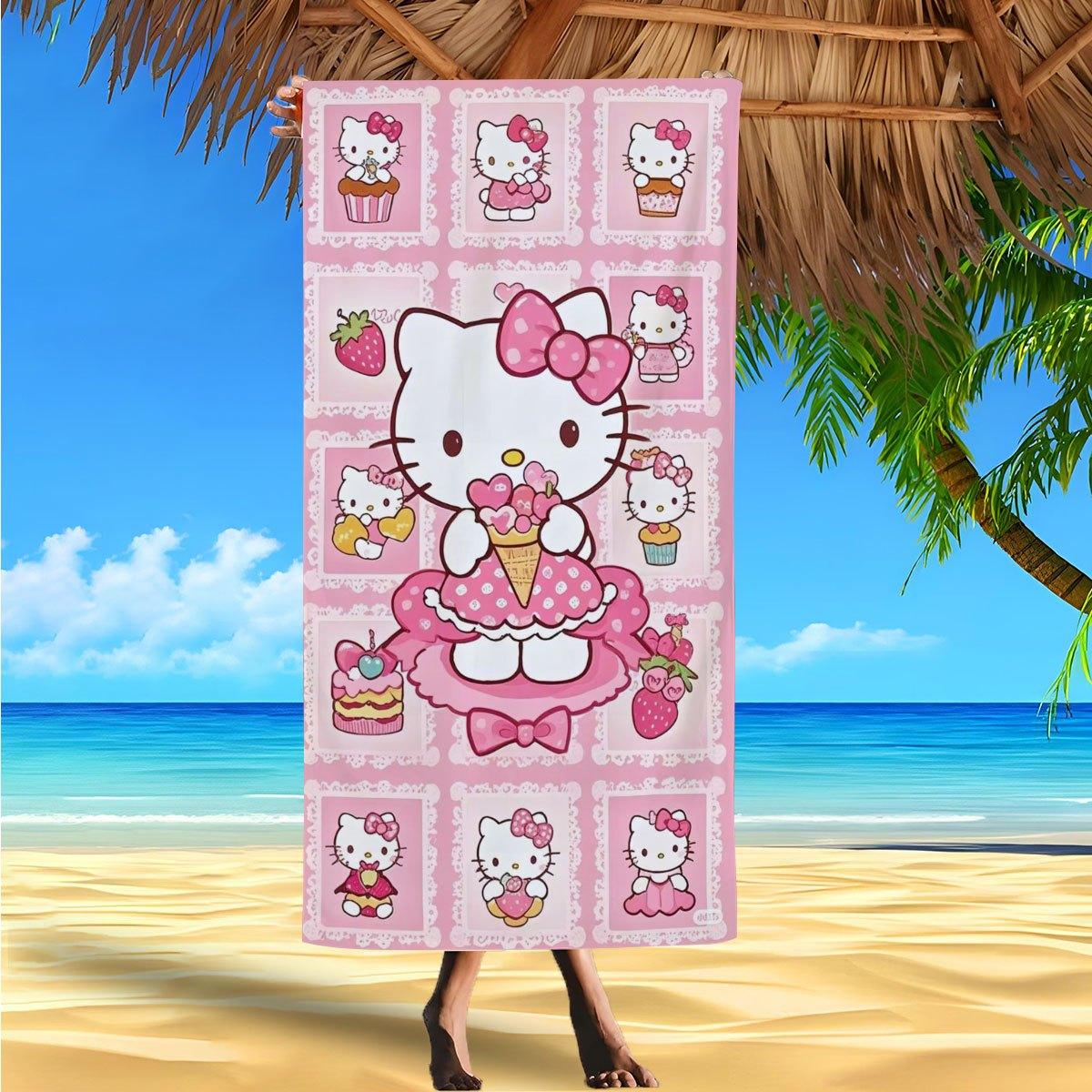 

Kawaii Hello Kitty Strawberry Dessert Beach Towel Pink Lace Border Thin Durable Multipurpose Towel for Summer Outdoor Hiking W40*H60(CM)