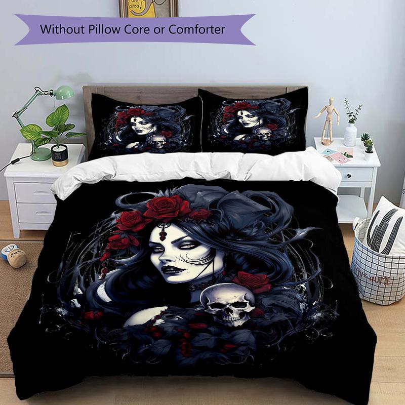 

3pcs Gothic Portrait with Skull and Red Roses Bedding Set - Includes Quilt Cover and Pillowcases, Suitable for All Seasons J060 135x200cm