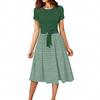 Women's Casual Fashion Belted Striped Printed Short Sleeve Round Neck Elegant Flowing Dress