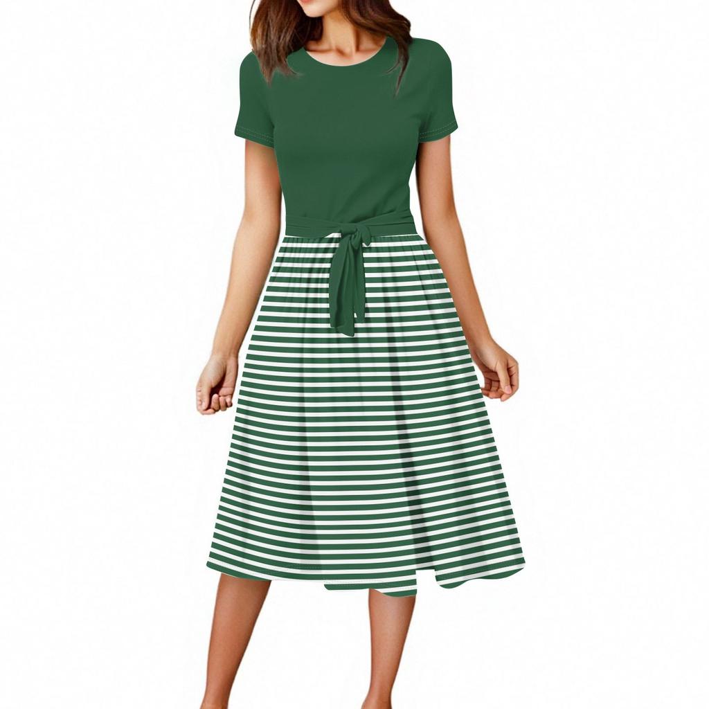 Women's Casual Fashion Belted Striped Printed Short Sleeve Round Neck Elegant Flowing Dress