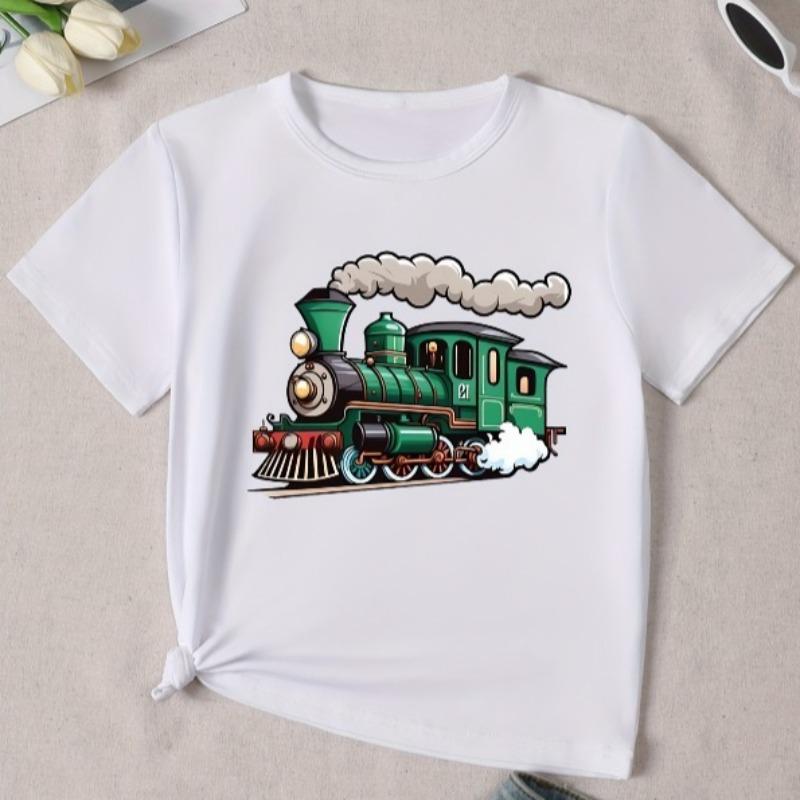Boys' T-Shirt with a Green Train Design - Stylish Round Neck, Multi-Functional