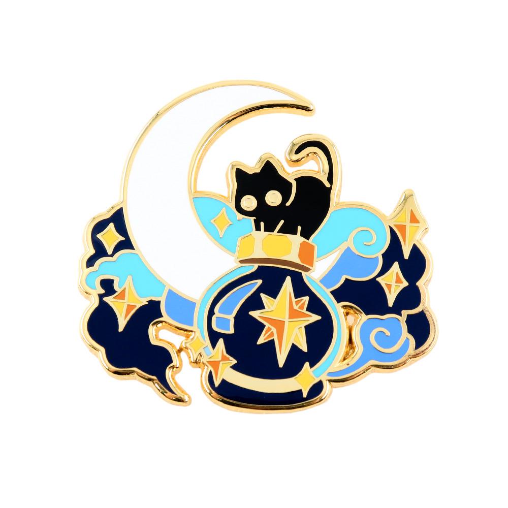 Enamel Starry Sky Moon Cat Brooch: Cute Black Cat Lapel Pin for Backpacks & Clothing.
