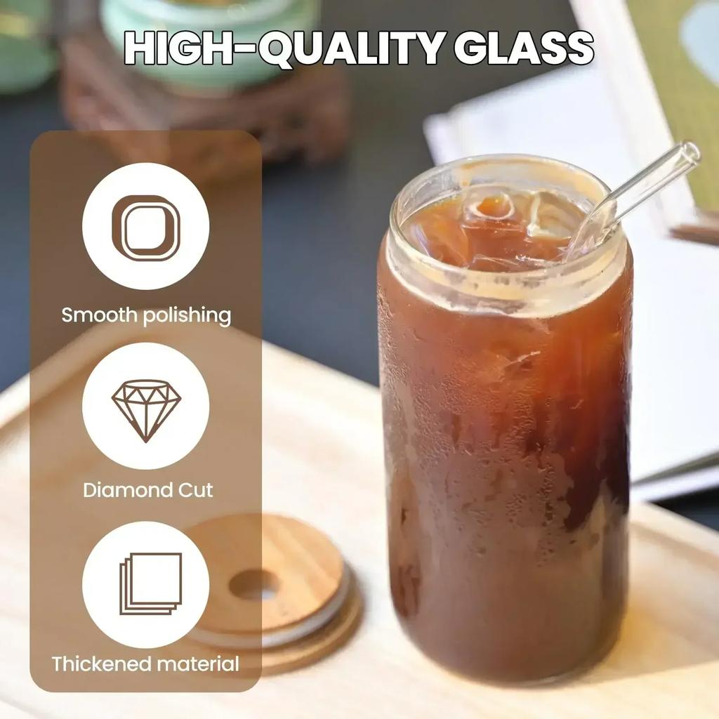 500ML Glass Cup Transparent Iced Coffee Glasses Glass with Lid and Straw Beer Can Milk Mocha Cup Cocktail Whiskey Beer Glasses