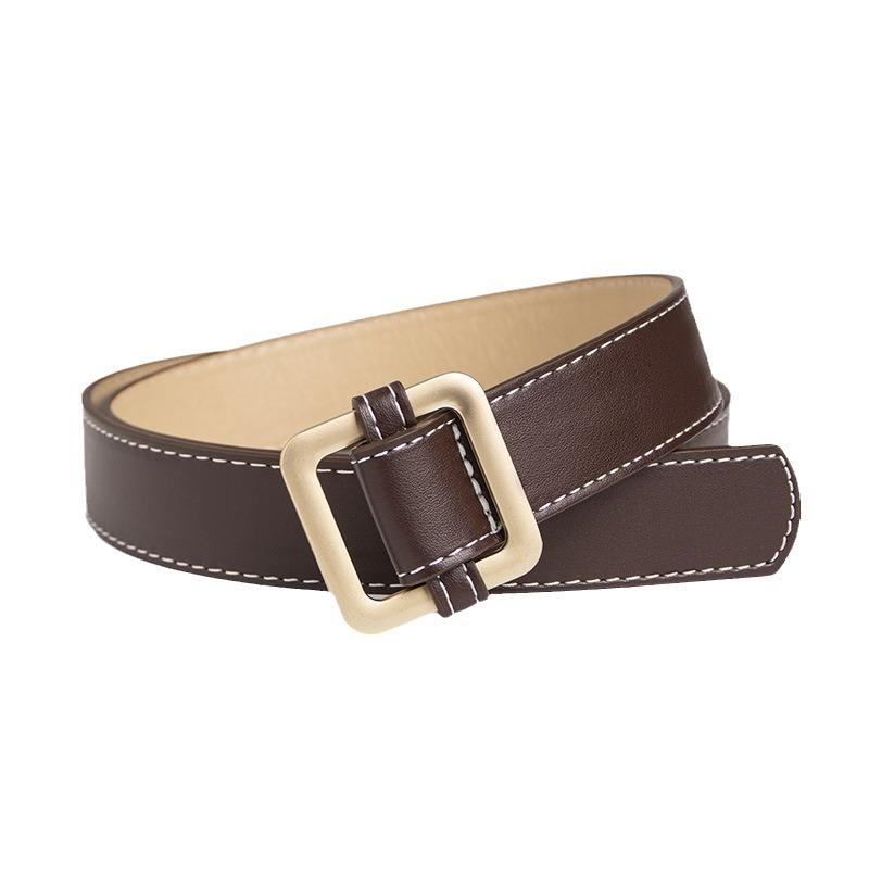 Women'S Rose Gold Square Buckle Day Buckle Black Belt Basic Thick Line Textured Women'S Belt