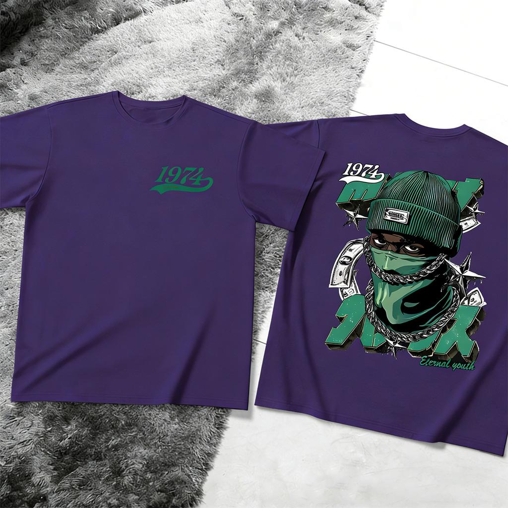 Street Hip-Hop Style Short-Sleeve T-Shirt with Money, Stars, and Masked Man Print – Trendy Couple T-Shirt