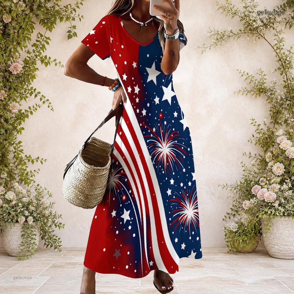 Women Plus Size V Neck Short Sleeve Colorful Floral Printed Straight Long Dress