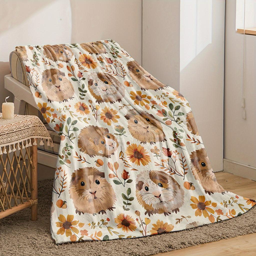 1pc Cozy Flannel Blanket with Adorable Guinea Pig & Floral Design - Soft Warm Throw for Sofa, Bed, Office - All-Season Gift