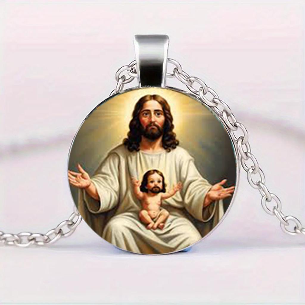 This Vintage-Style Necklace Features A Round Medallion And A Religious Pendant Depicting Saint Joseph And The Infant Jesus.